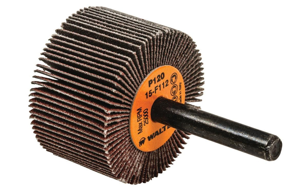 WALTER 15F112 aluminum oxide shank-mounted flap wheel with 1-1/2 inch diameter, 1 inch width, and 1/4 inch grit for grinding.