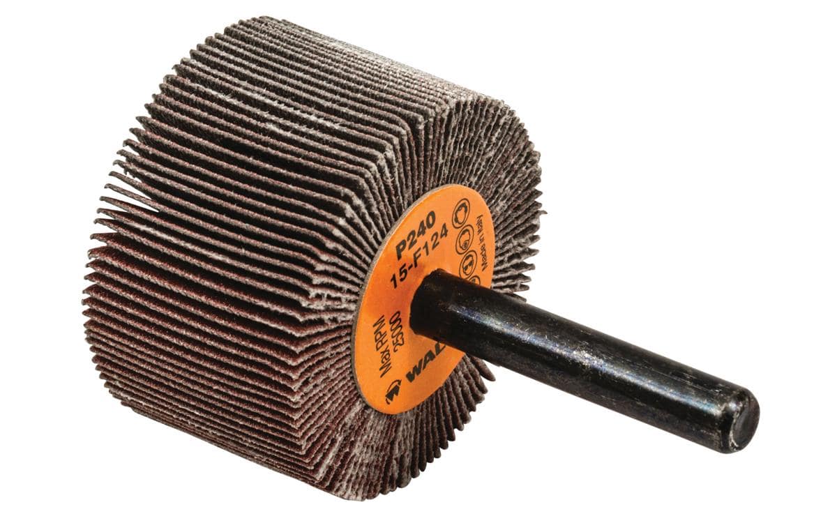 WALTER 15F124 aluminum oxide shank-mounted flap wheel with 1-1/2 inch diameter, 1 inch width, and 1/4 inch grit for grinding.
