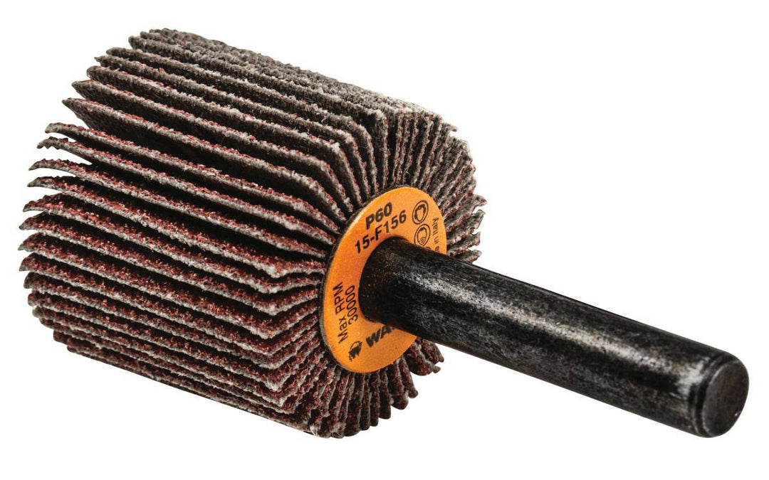 Walter 15F156 aluminum oxide shank-mounted flap wheel, 1x1x1/4 inch, 60 grit for grinding and polishing applications.