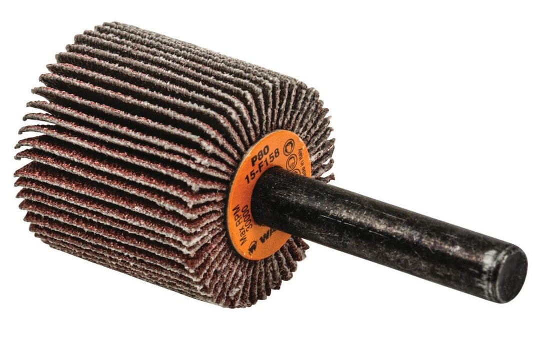 Walter 15F158 aluminum oxide shank-mounted flap wheel, 1x1x1/4 inch, 80 grit, for grinding and finishing metal surfaces.