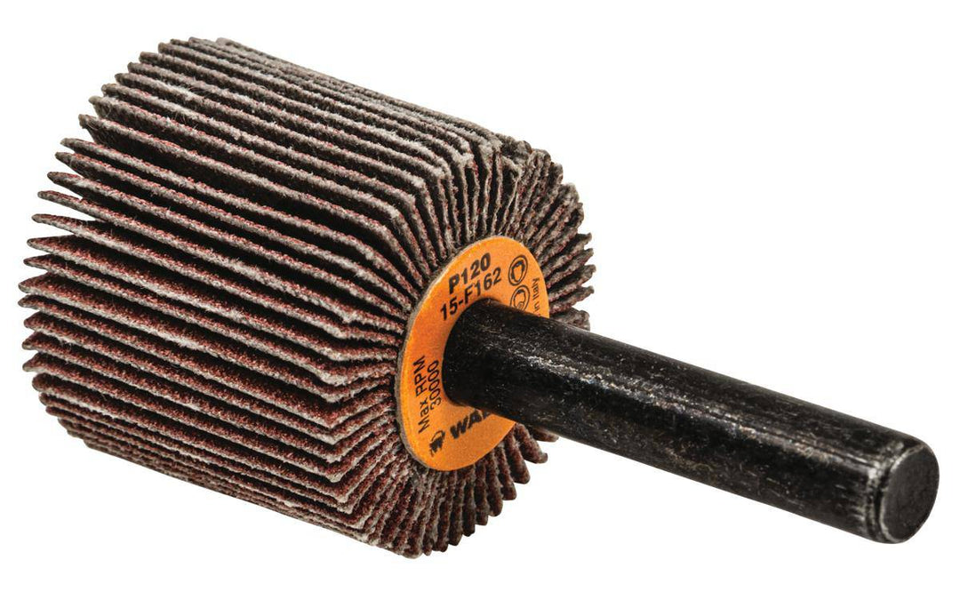 Walter 15F162 aluminum oxide shank-mounted flap wheel, 1 inch x 1 inch x 1/4 inch, 120 grit for grinding and finishing.