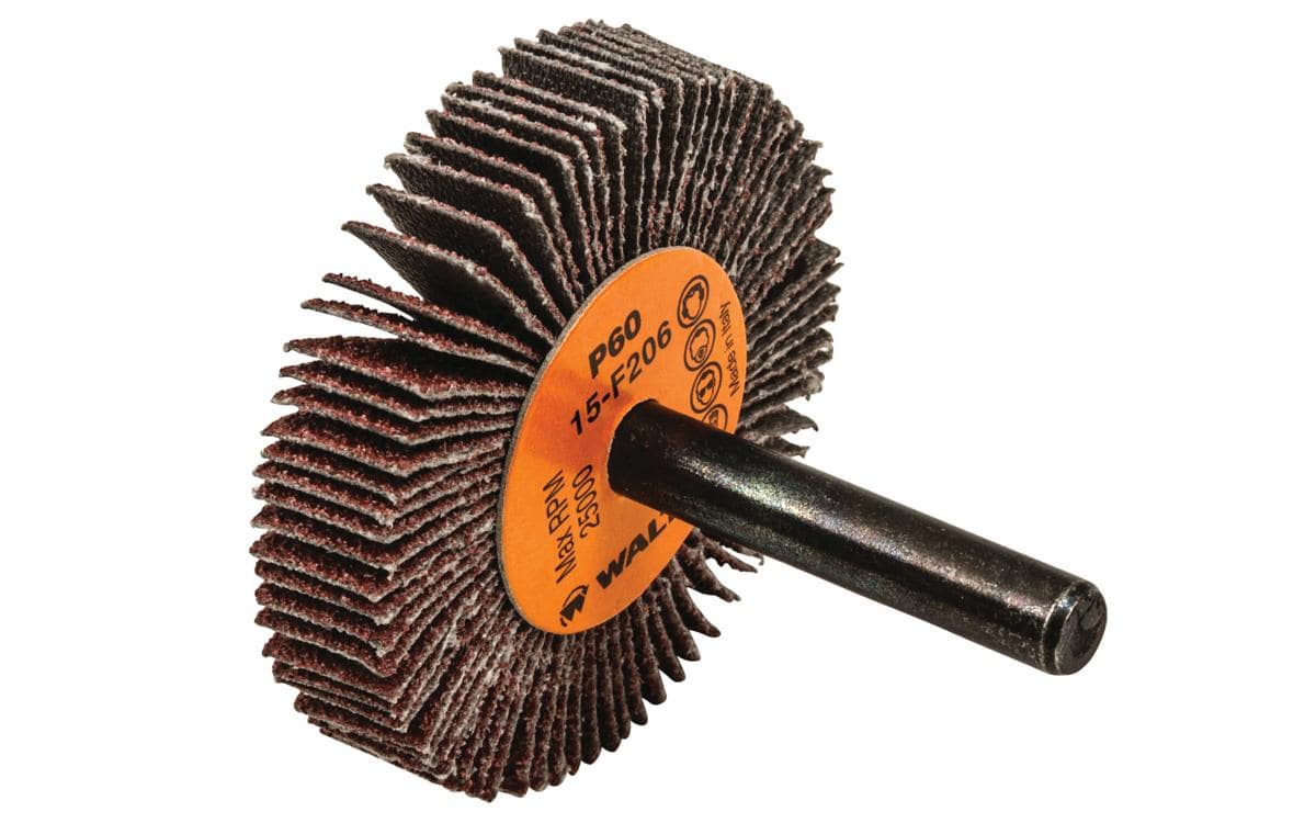 WALTER 15F206 aluminum oxide shank-mounted flap wheel, 2 inch x 3/8 inch x 1/4 inch, 60 grit for grinding and finishing.