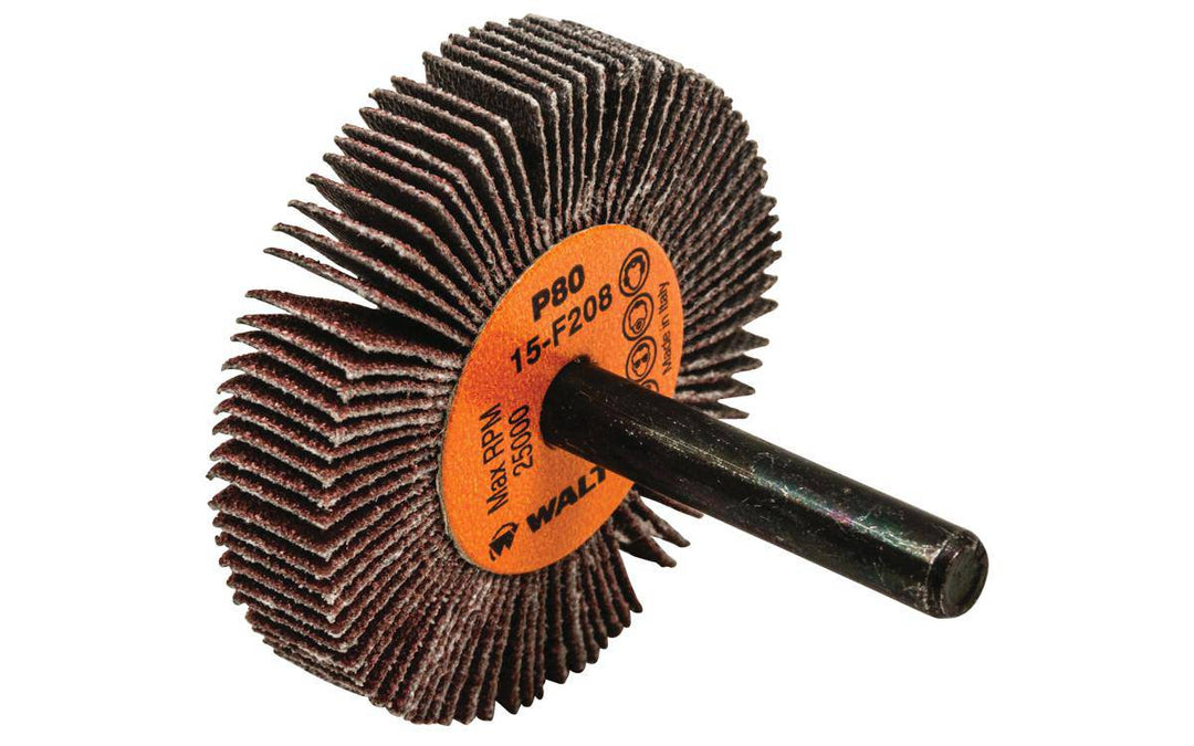 Walter 15F208 2-inch aluminum oxide shank-mounted flap wheel with 80 grit, ideal for grinding and finishing applications.