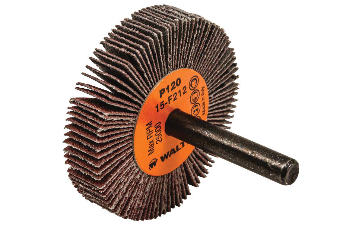 Walter 15F212 aluminum oxide shank-mounted flap wheel, 2-inch x 3/8-inch x 1/4-inch, 120 grit for grinding and finishing.