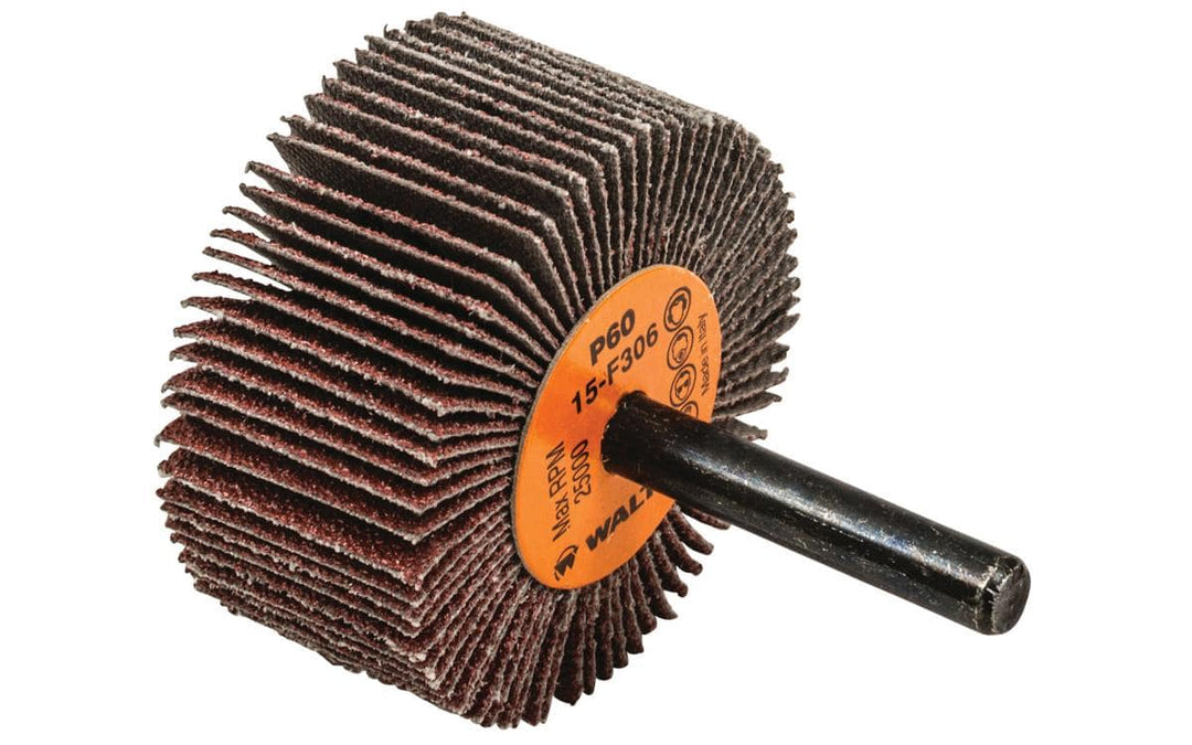 Walter 15F306 aluminum oxide shank-mounted flap wheel, 2 inch x 1 inch x 1/4 inch, 60 grit, for grinding and finishing.