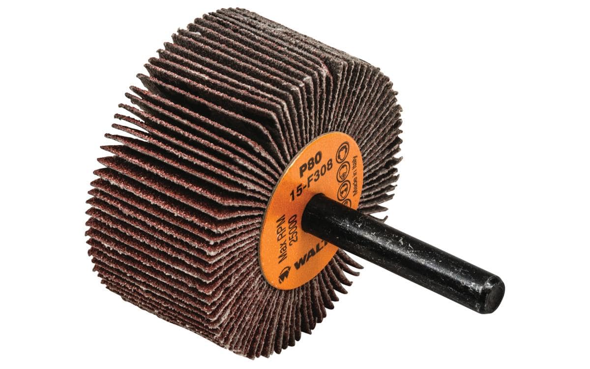 WALTER 15F308 aluminum oxide shank-mounted flap wheel, 2x1x1/4 inch, 80 grit, for grinding and surface finishing.