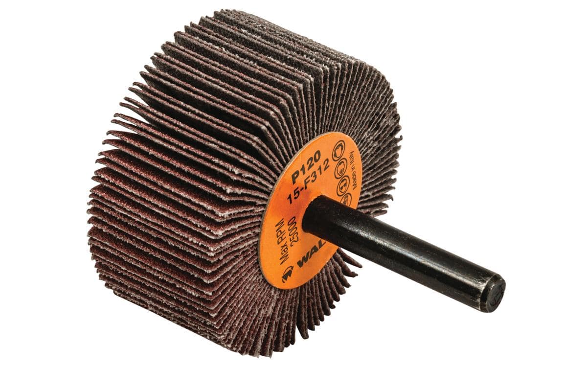 WALTER 15F312 aluminum oxide shank-mounted flap wheel, 2 inch x 1 inch x 1/4 inch with 120 grit for grinding and finishing tasks.