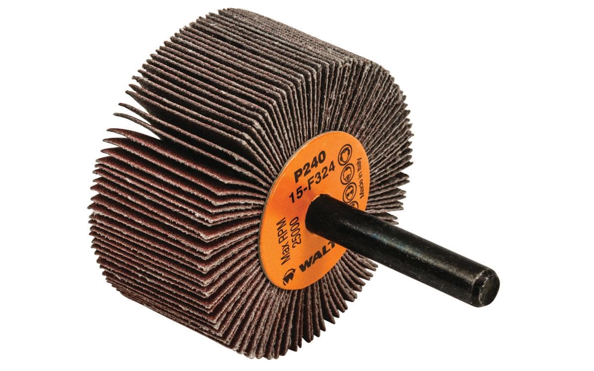Walter 15F324 aluminum oxide shank-mounted flap wheel, 2x1x1/4 inch, with 240 grit for grinding and finishing applications.