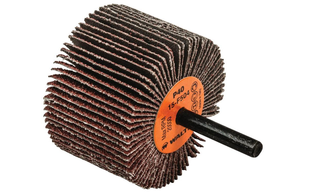 Walter 15F504 1-1/2 inch aluminum oxide shank-mounted flap wheel with 40 grit for grinding and polishing applications.
