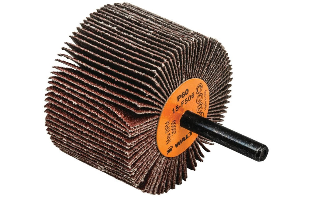 Walter 15F506 aluminum oxide shank-mounted flap wheel, 1-1/2 inch size, 60 grit for grinding and finishing applications.