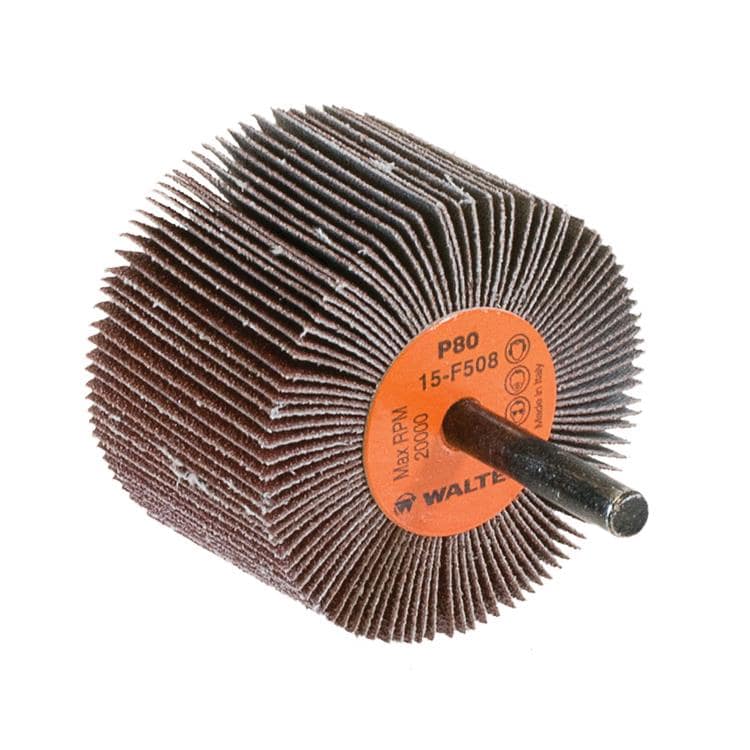 Walter 15F508 1.5-inch aluminum oxide shank-mounted flap wheel with 80 grit for grinding and finishing applications.