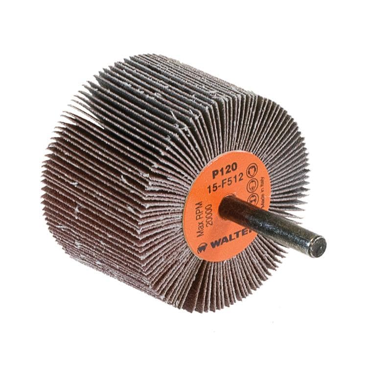 WALTER 15F512 aluminum oxide shank-mounted flap wheel with 1-1/2 inch diameter and 120 grit for metal grinding.