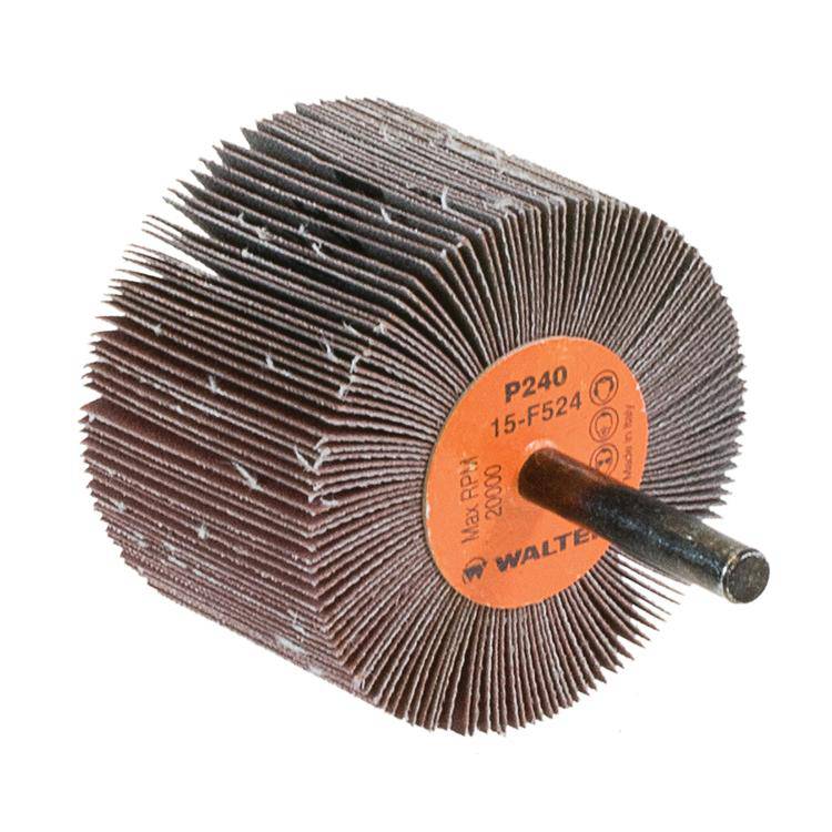 WALTER 15F524 aluminum oxide shank-mounted flap wheel with 2-1/2 inch diameter, 1-1/2 inch width, and 240 grit abrasive surface.