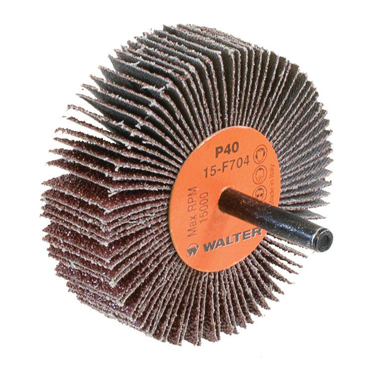 Walter 15F704 shank-mounted flap wheel with 3-inch diameter, 1-inch width, 1/4-inch shank, 40 grit aluminum oxide abrasive.
