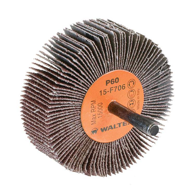 Walter 15F706 aluminum oxide shank-mounted flap wheel, 3 inch x 1 inch x 1/4 inch, 60 grit for grinding and finishing.