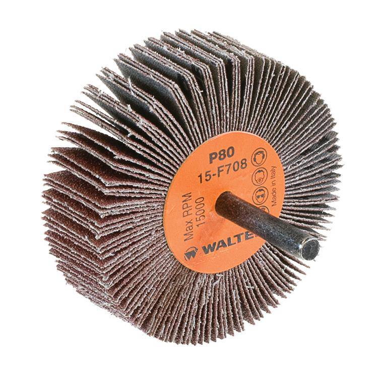 WALTER 15F708 shank-mounted flap wheel, 3 inch x 1 inch x 1/4 inch, 80 grit aluminum oxide for grinding and finishing.