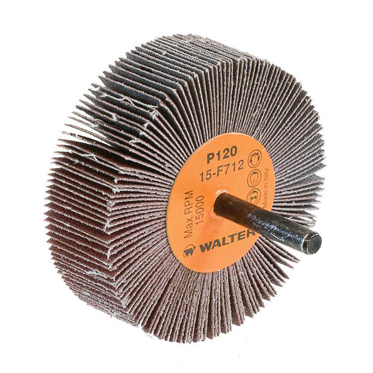 WALTER 15F712 aluminum oxide shank-mounted flap wheel, 3x1x1/4 inch, 120 grit for grinding and finishing applications.