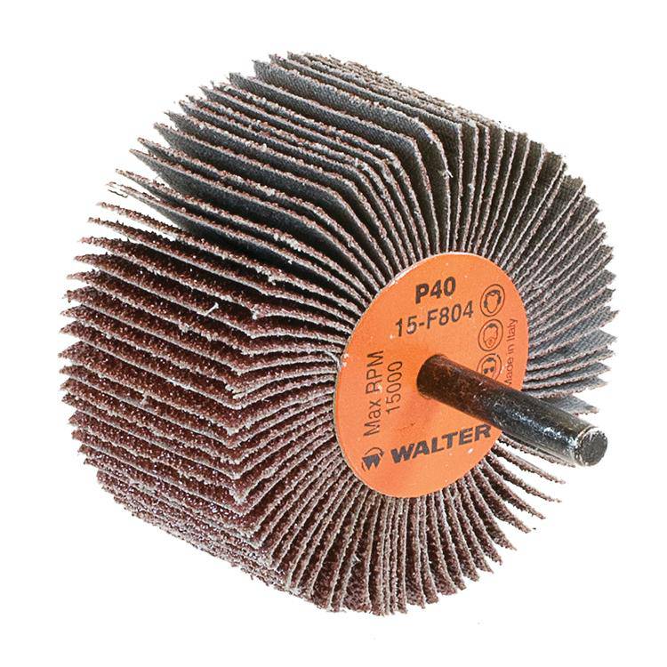 WALTER 15F804 aluminum oxide shank-mounted flap wheel with 1-1/2 inch diameter and 40 grit for grinding and finishing.