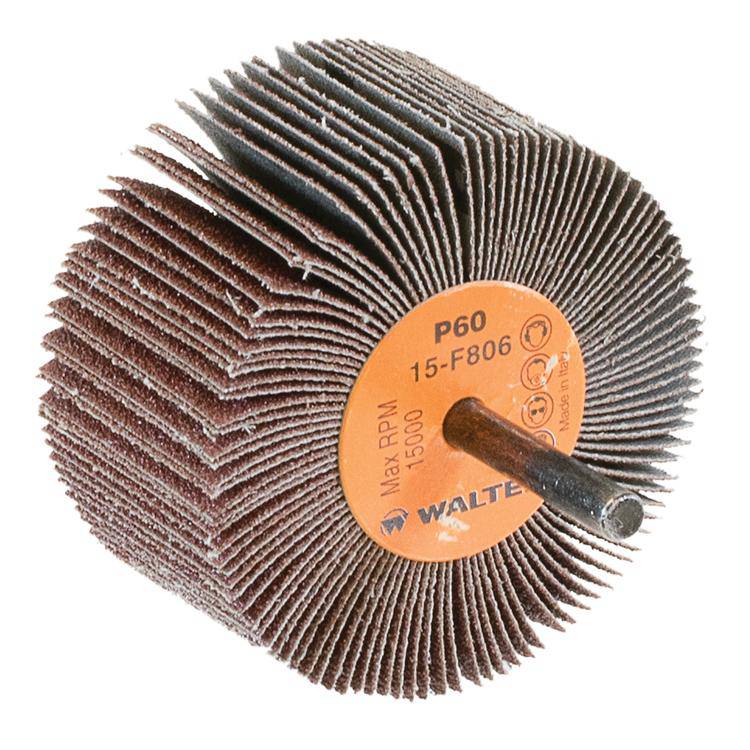 WALTER 15F806 aluminum oxide shank-mounted flap wheel with 1-1/2 inch diameter and 60 grit abrasive for metal grinding.