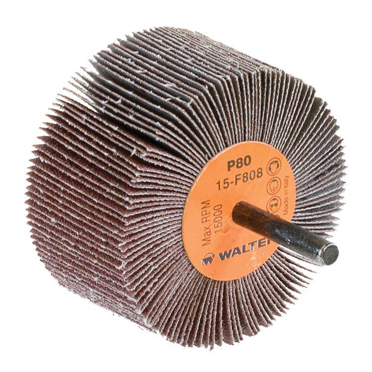 WALTER 15F808 aluminum oxide shank-mounted flap wheel with 1-1/2 inch diameter and 80 grit for grinding and polishing.