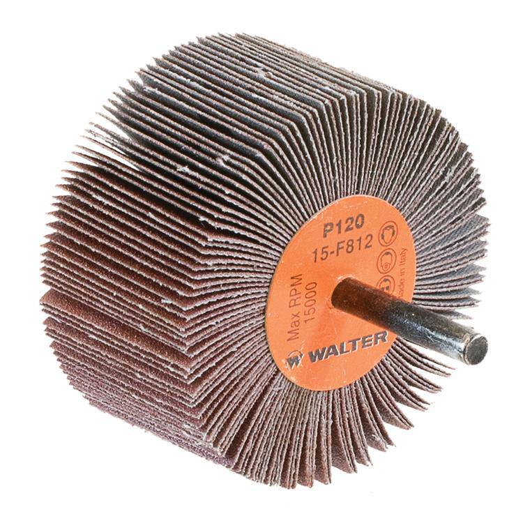 Walter 15F812 aluminum oxide shank-mounted flap wheel, 1-1/2 inch x 1-1/2 inch x 1/4 inch 120 grit for grinding and finishing.