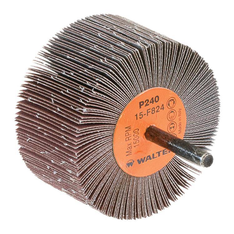 Walter 15F824 aluminum oxide shank-mounted flap wheel with 1-1/2 inch diameter and 240 grit for grinding and finishing.