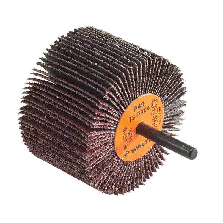 Walter 15F904 aluminum oxide shank-mounted flap wheel, 3x2x1/4 inch, 40 grit, used for grinding and finishing metal surfaces.