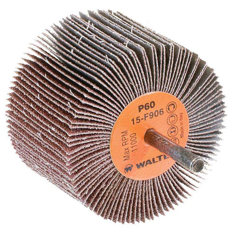 Walter 15F906 aluminum oxide shank-mounted flap wheel, 3x2x1/4 inch, 60 grit, used for grinding and finishing metal surfaces.