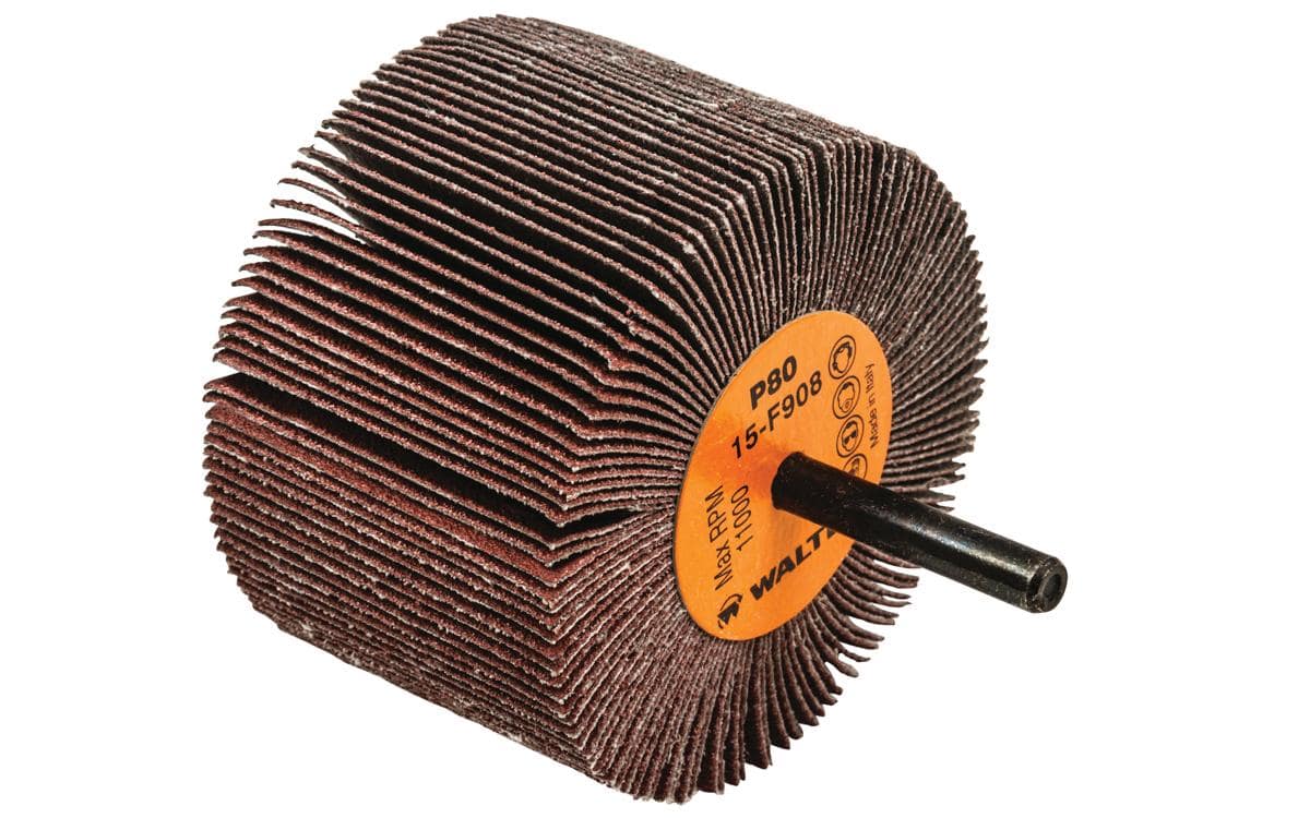 WALTER 15F908 aluminum oxide shank mounted flap wheel, 3x2x1/4 inches, with 80 grit abrasive for grinding and finishing applications.