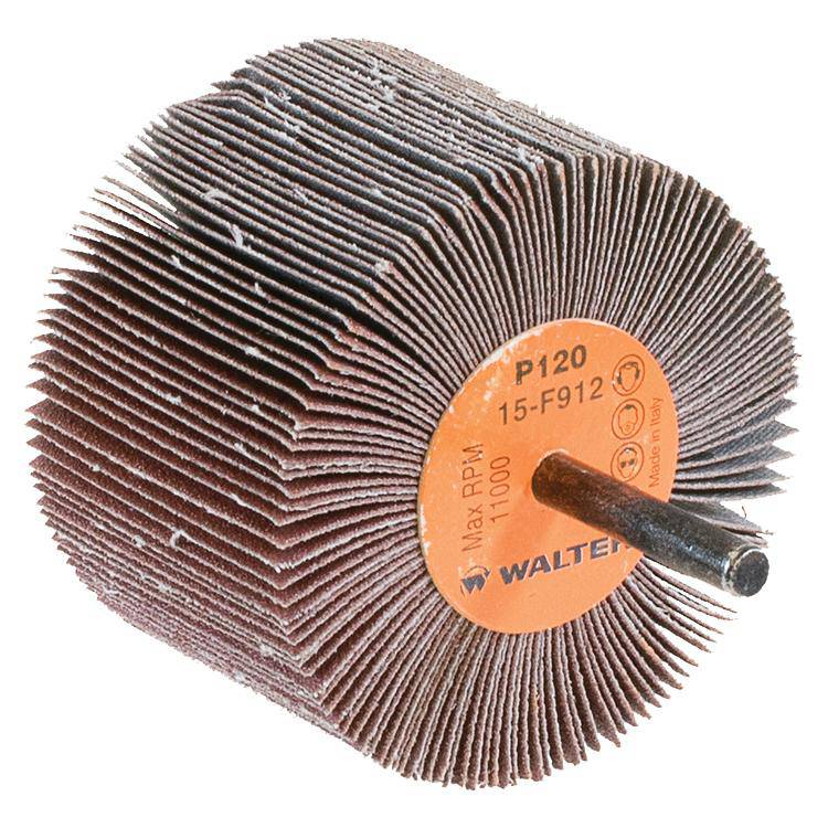 Walter 15F912 3x2x1/4 inch aluminum oxide shank-mounted flap wheel with 120 grit for grinding and finishing applications.