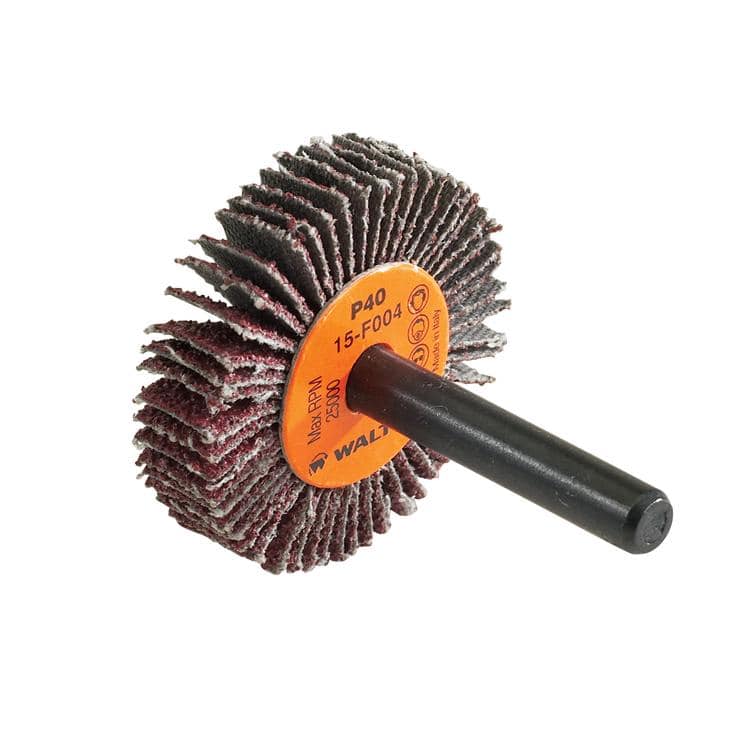 Walter CoolCut 15-F 004 shank-mounted flap wheel with 40 grit aluminum oxide, 1-1/2 inch diameter and 3/8 inch shank.