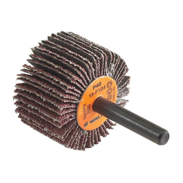 Walter CoolCut 15-F 104 shank-mounted flap wheel with 40 grit aluminum oxide, 1-1/2 x 1 x 1/4 inch for metal grinding.