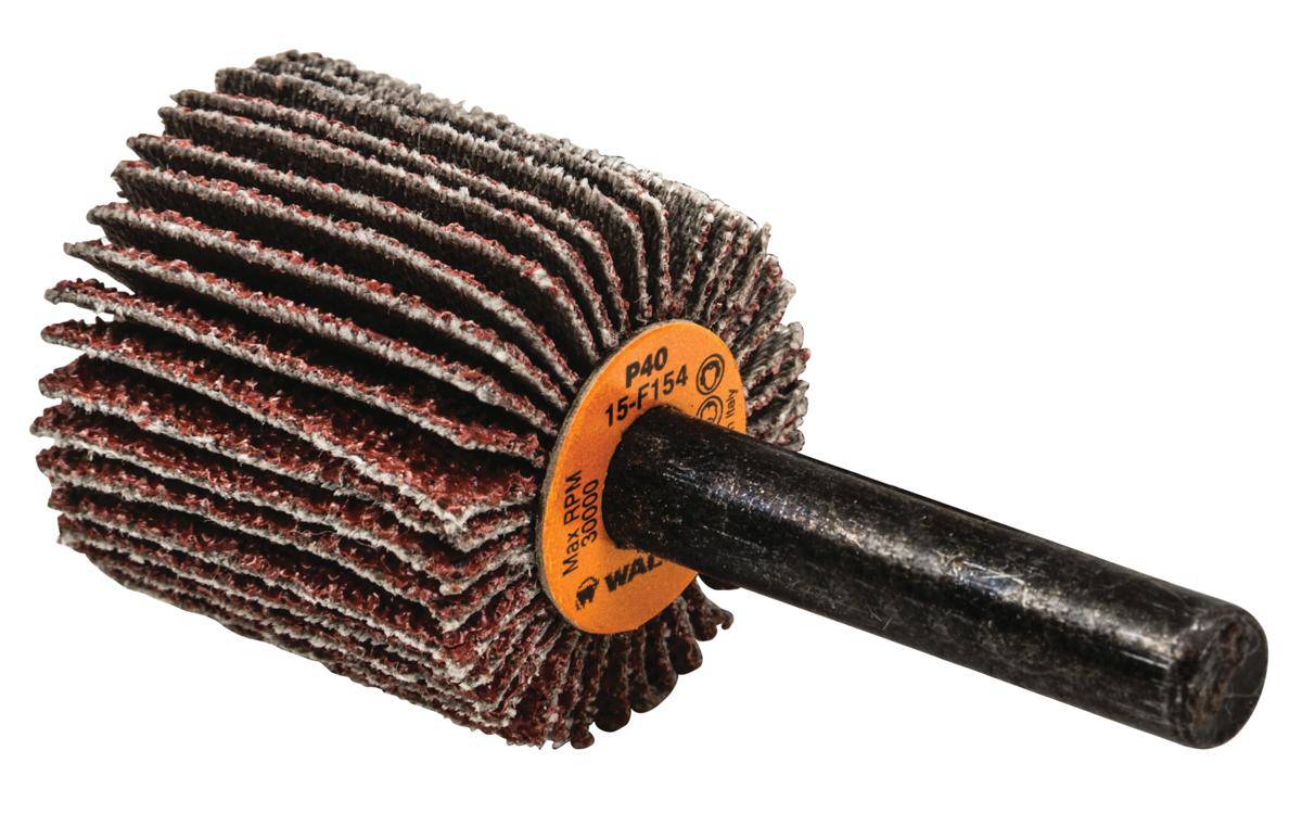 Walter CoolCut 15-F 154 shank-mounted flap wheel with 40 grit aluminum oxide, 1x1x1/4 inch for grinding and polishing.
