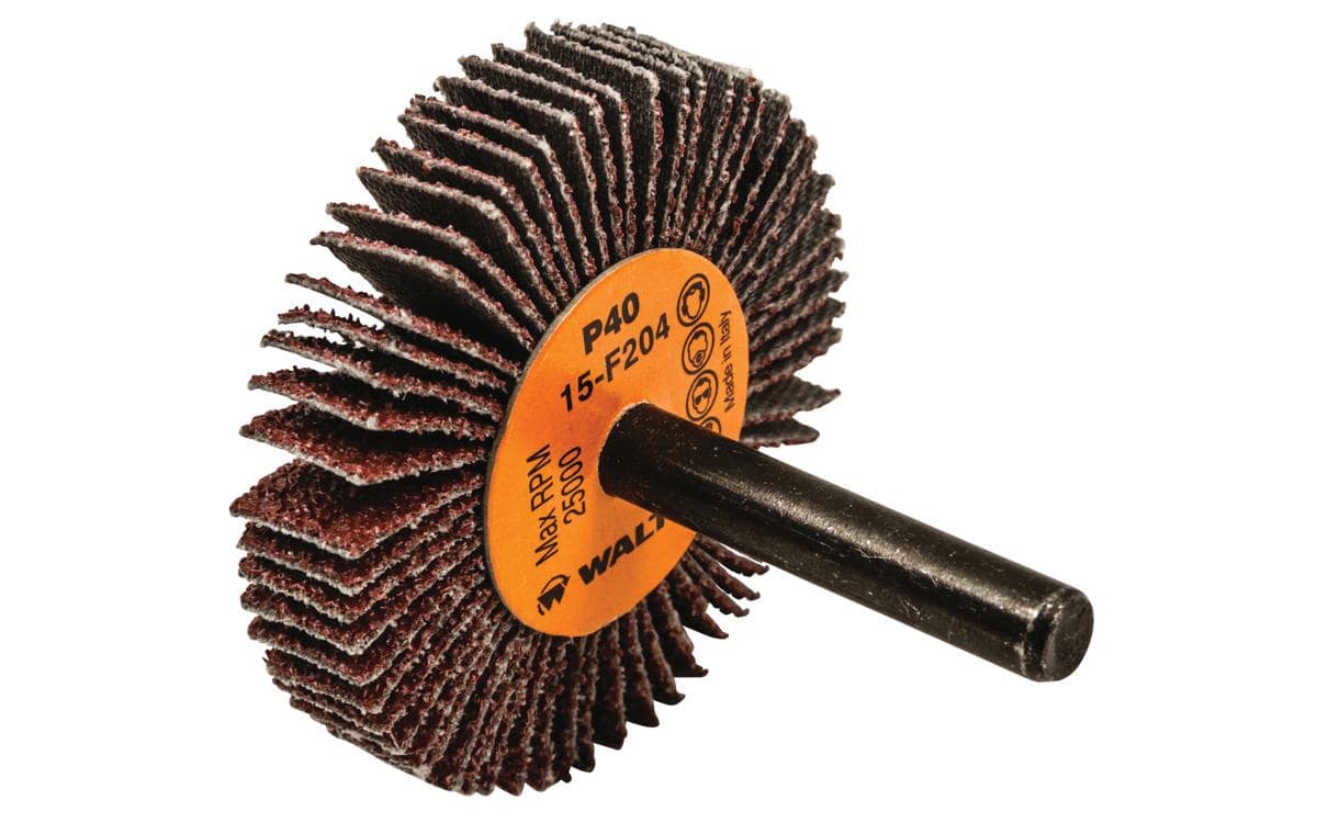Walter CoolCut 15-F 204 shank-mounted flap wheel with 40 grit aluminum oxide, 2-inch diameter, ideal for surface finishing.