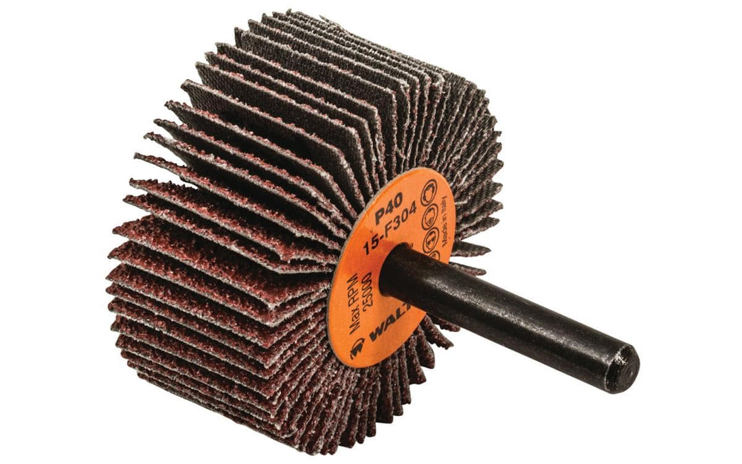 Walter CoolCut 15-F 304 shank-mounted flap wheel with 40 grit aluminum oxide, 2x1x1/4 inch for metal grinding and finishing.