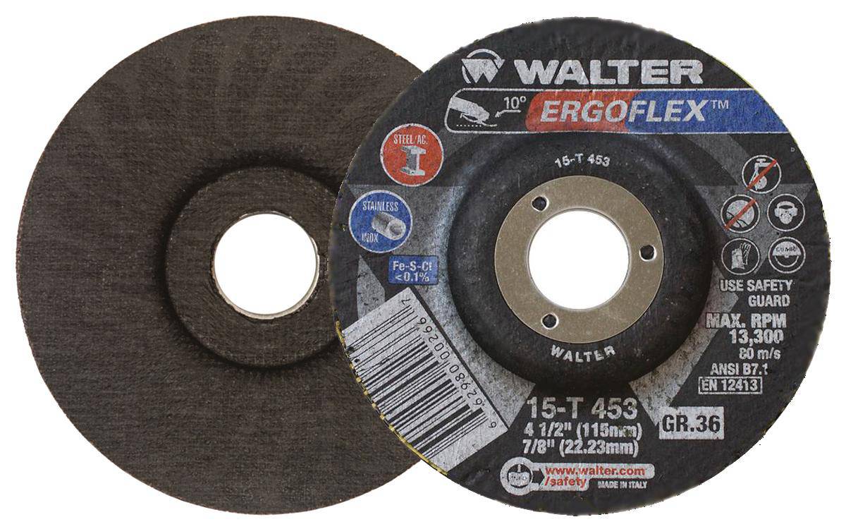 Walter ErgoFlex 15T453 Type 29 flap disc, 4-1/2 inch by 7/8 inch, 36 grit for grinding and finishing applications.