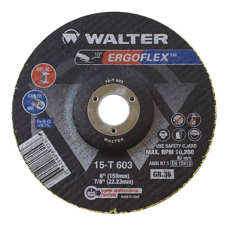 WALTER ErgoFlex 15T603 Type 29 6-inch x 7/8-inch 36 Grit Flap Disc for grinding and finishing applications.