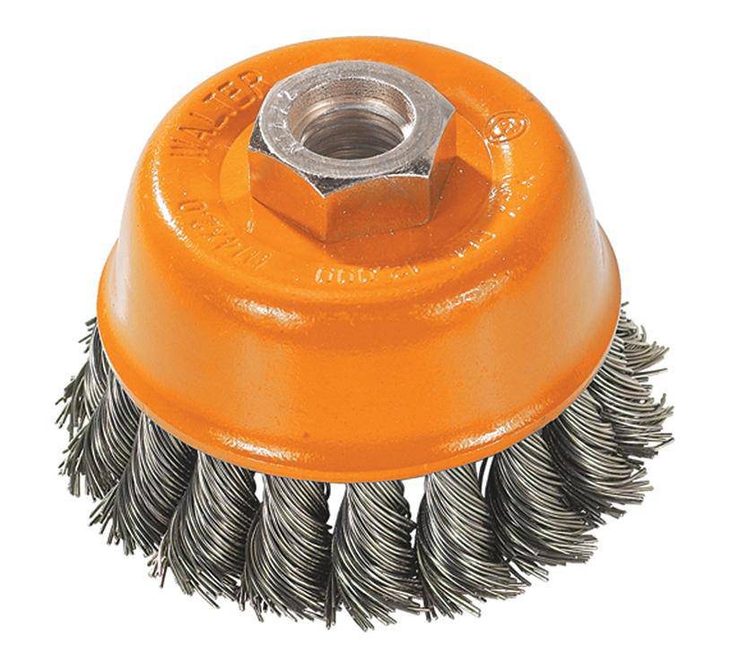 Walter 13-F 304 cup wheel with twisted steel knots, 3x5/8-11, ideal for grinding and surface preparation.