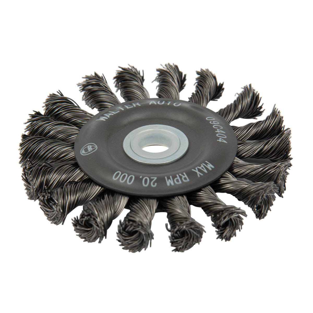 AllSteel 09C404 knot twist wheel with 4-inch diameter and 1/2-inch thickness, featuring a twisted steel design and textured surface.